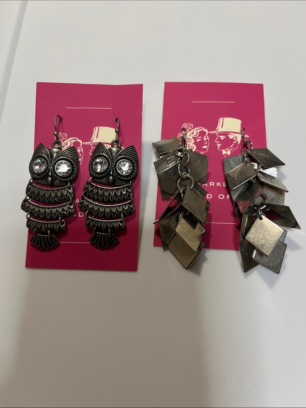 Vintage Silver-Tone Owl Dangle Earrings with Clear Rhinestone Eyes
